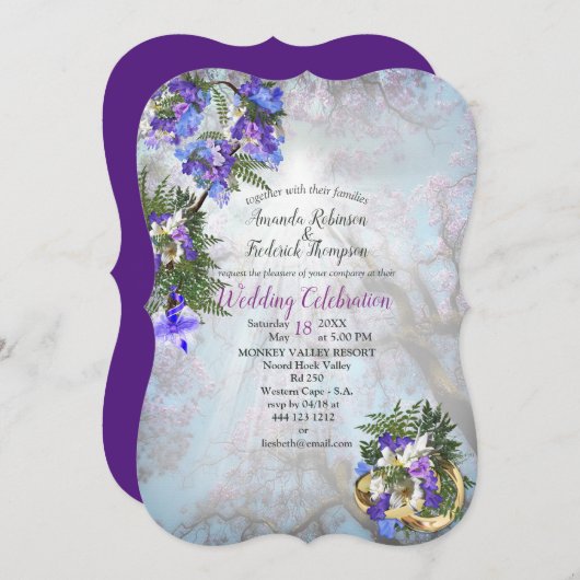 幾何学的金ゴールドとジャカランダ結婚の花 招待状 (正面/裏面)