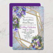幾何学的金ゴールドとジャカランダ結婚の花 招待状 (正面/裏面)