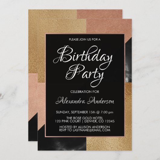 幾何学的金ゴールドとバラ金ゴールド大理石バースデーパーティー 招待状 (正面/裏面)