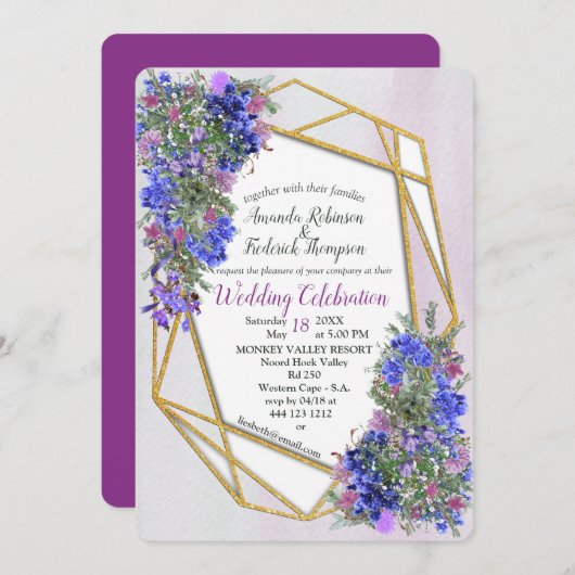 幾何学的金ゴールドとラベンダーフラワー結婚ズ 招待状 (正面/裏面)