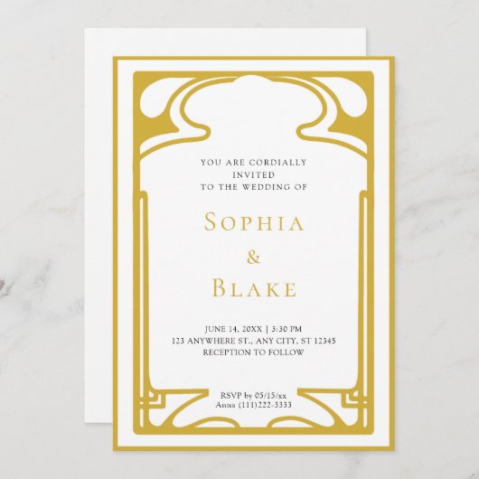 幾何学的金ゴールドと白アールデコ結婚の 招待状 (正面/裏面)
