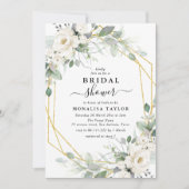 幾何学的金ゴールドと白フローラブライダルシャワー 招待状 (正面)