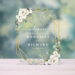 幾何学的金ゴールドと白フローラ結婚の アクリルサイン