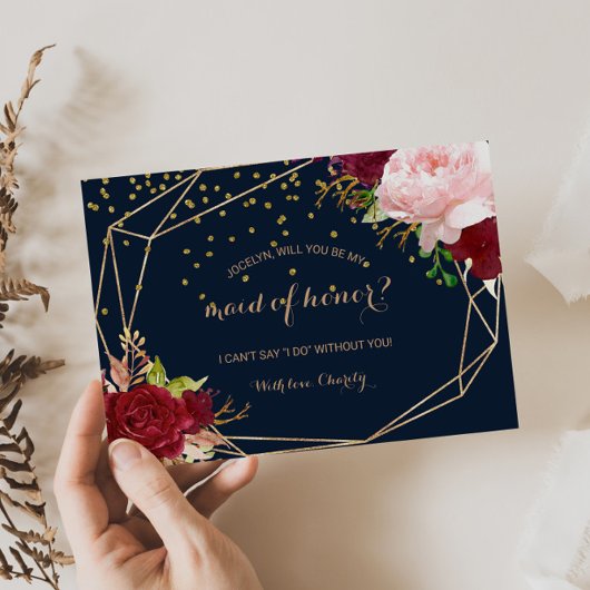 幾何学的金ゴールドと赤熱帯メイド・オブ・オーナー(花嫁付き添い人) インビテーションポストカード