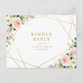 幾何学的金ゴールドと赤面フローラ結婚式RSVP ポストカード