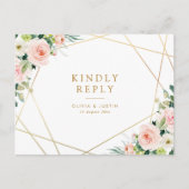 幾何学的金ゴールドと赤面フローラ結婚式RSVP ポストカード (正面)