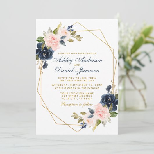 幾何学的金ゴールドほこりっぽいブルーピンク結婚フローラ 招待状 (スタンド正面)