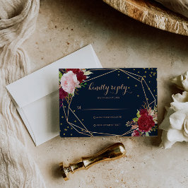 幾何学的金ゴールドグリッターと赤いトロピカルRsvpカード 出欠カード