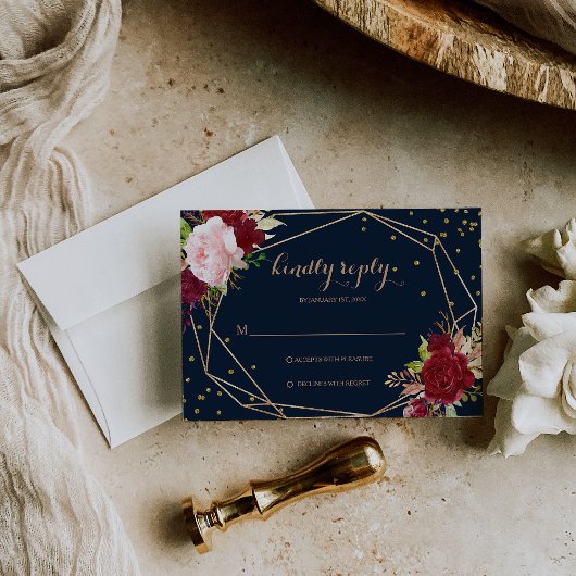 幾何学的金ゴールドグリッターと赤いトロピカルRsvpカード 出欠カード