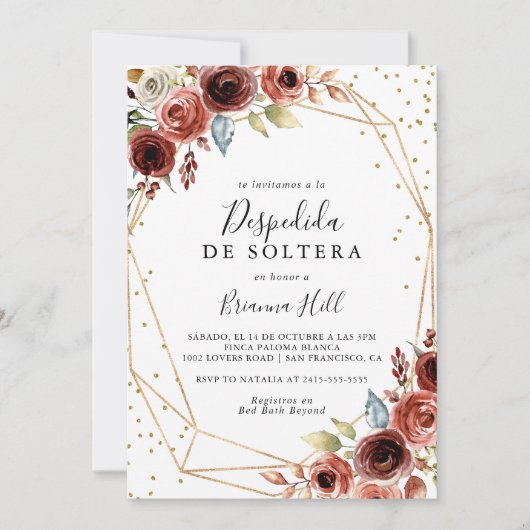 幾何学的金ゴールドグリッタースペインのブライダルシャワー 招待状 (正面)