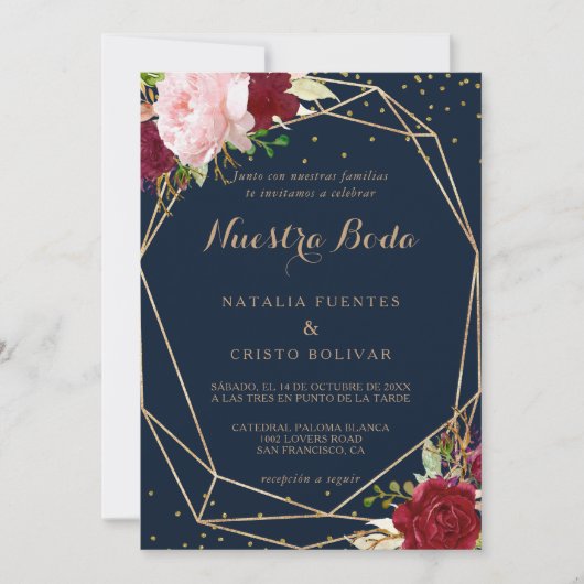 幾何学的金ゴールドグリッタースペインの赤結婚の 招待状 (正面)