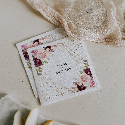 幾何学的金ゴールドグリッターブルゴーニュ結婚フローラ スタンダードカクテルナプキン