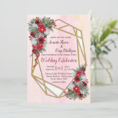 幾何学的金ゴールドグリッターブルゴーニュ花 招待状 (スタンド正面)