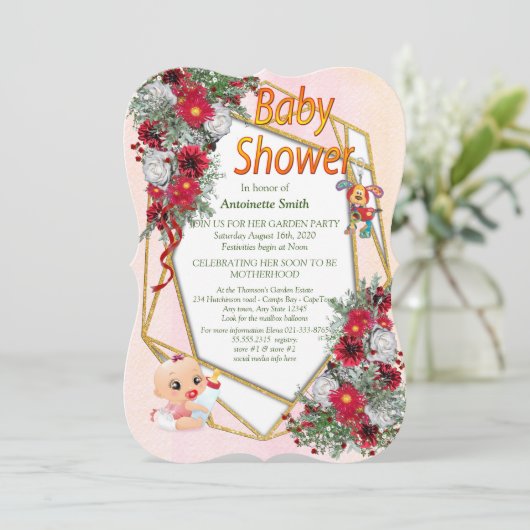 幾何学的金ゴールドグリッターベビーシャワー 招待状 (スタンド正面)