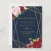 幾何学的金ゴールドグリッターレッド16th誕生日パーティー 招待状 (正面)