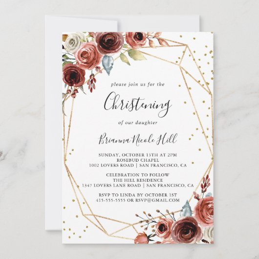 幾何学的金ゴールドグリッター春フローラ《キリスト教》洗礼式や命名式 招待状 (正面)