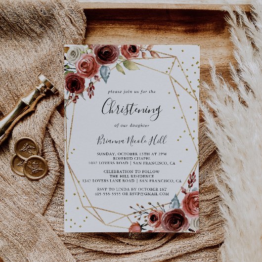 幾何学的金ゴールドグリッター春フローラ《キリスト教》洗礼式や命名式 招待状