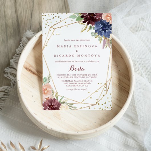 幾何学的金ゴールドグリッター書結婚スペインのの 招待状