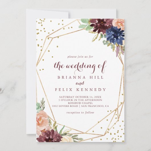 幾何学的金ゴールドグリッター結婚書道 招待状 (正面)