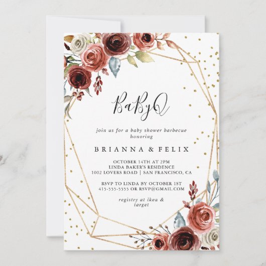 幾何学的金ゴールドグリッターBabyQベビーシャワーバーベキュー 招待状 (正面)