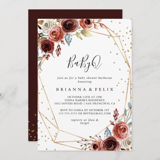 幾何学的金ゴールドグリッターBabyQベビーシャワーバーベキュー 招待状 (正面/裏面)