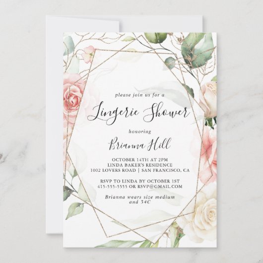 幾何学的金ゴールドグリーンブライダルランジェリーシャワー 招待状 (正面)