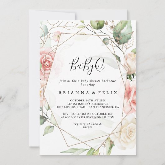 幾何学的金ゴールドグリーンベビーQベビーシャワーバーベキュー 招待状 (正面)