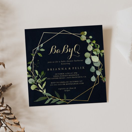 幾何学的金ゴールドグリーンベビーQベビーシャワーバーベキュー 招待状