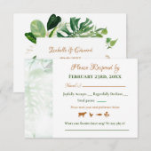 幾何学的金ゴールドグリーンモンステラ葉ーズウェディングRSVP 出欠カード (正面/裏面)