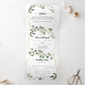 幾何学的金ゴールドグリーンユーカリ結婚プス 三つ折り招待状 (内部)