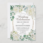 幾何学的金ゴールドグリーンリーグリーン&ホワイトローズ素朴 招待状 (正面)