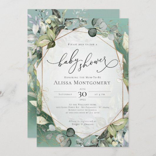 幾何学的金ゴールドグリーンリーベビーシャワー招待状 招待状 (正面/裏面)