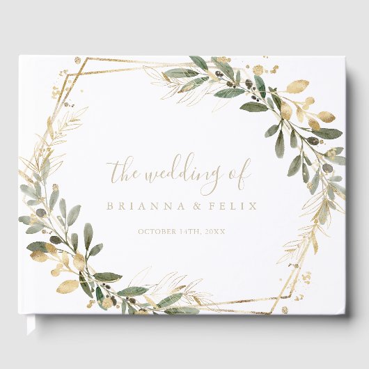 幾何学的金ゴールドグリーン秋の結婚式ゲストブック ゲストブック (正面)