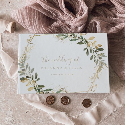 幾何学的金ゴールドグリーン秋の結婚式ゲストブック ゲストブック