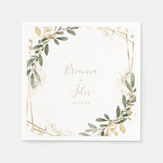 幾何学的金ゴールドグリーン秋の結婚式ナプキン スタンダードカクテルナプキン (正面)