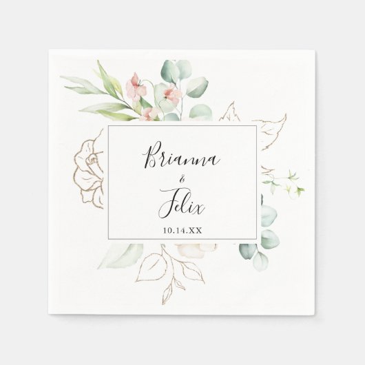 幾何学的金ゴールドグリーン葉フローラ結婚のナプキン スタンダードカクテルナプキン (正面)