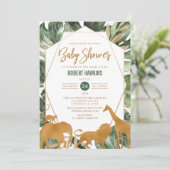 幾何学的金ゴールドサファリ動物ジャングルベビーシャワー 招待状 (スタンド正面)