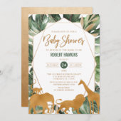 幾何学的金ゴールドサファリ動物ジャングルベビーシャワー 招待状 (正面/裏面)