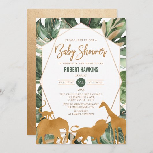 幾何学的金ゴールドサファリ動物ジャングルベビーシャワー 招待状 (正面/裏面)
