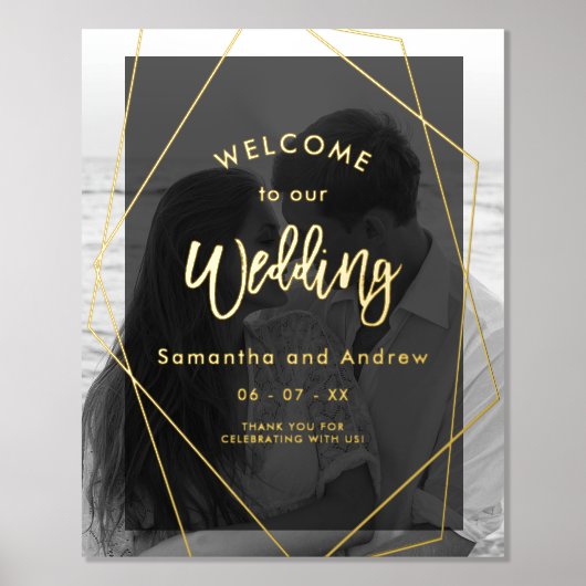 幾何学的金ゴールドタイポグラフィ結婚写真の歓迎 箔ポスター (正面)