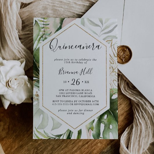 幾何学的金ゴールドトロピカルグリーナリーキンセアニラ 招待状