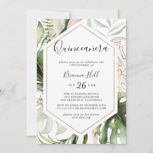 幾何学的金ゴールドトロピカルグリーナリーキンセアニラ 招待状 (正面)