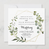 幾何学的金ゴールドトロピカルグリーンフロント&バック結婚ズ 招待状 (正面)