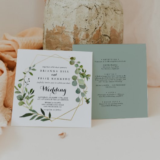 幾何学的金ゴールドトロピカルグリーンフロント&バック結婚ズ 招待状