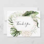 幾何学的金ゴールドトロピカルグリーンリー結婚フラット サンキューカード (正面)