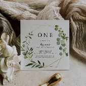 幾何学的金ゴールドトロピカルグリーン最初の誕生日パーティー 招待状