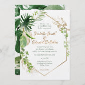 幾何学的金ゴールドトロピカルグリーン葉パーム結婚ズ 招待状 (正面/裏面)