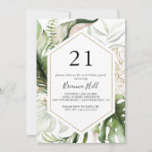 幾何学的金ゴールドトロピカルグリーン21歳の誕生日パーティー 招待状 (正面)