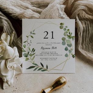 幾何学的金ゴールドトロピカルグリーン21歳の誕生日パーティー 招待状