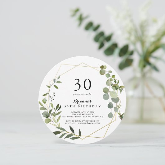 幾何学的金ゴールドトロピカルグリーン30th誕生日パーティー 招待状 (スタンド正面)